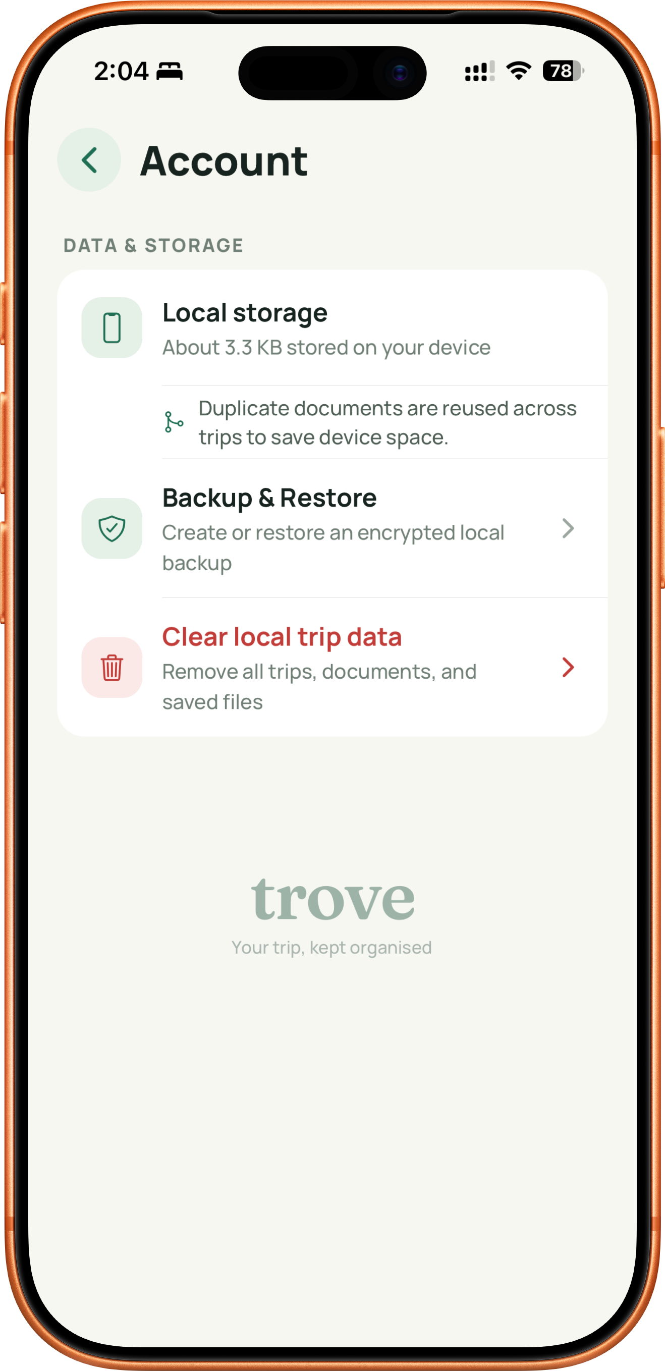 Account data and storage settings showing local storage, backup and restore, and data controls.