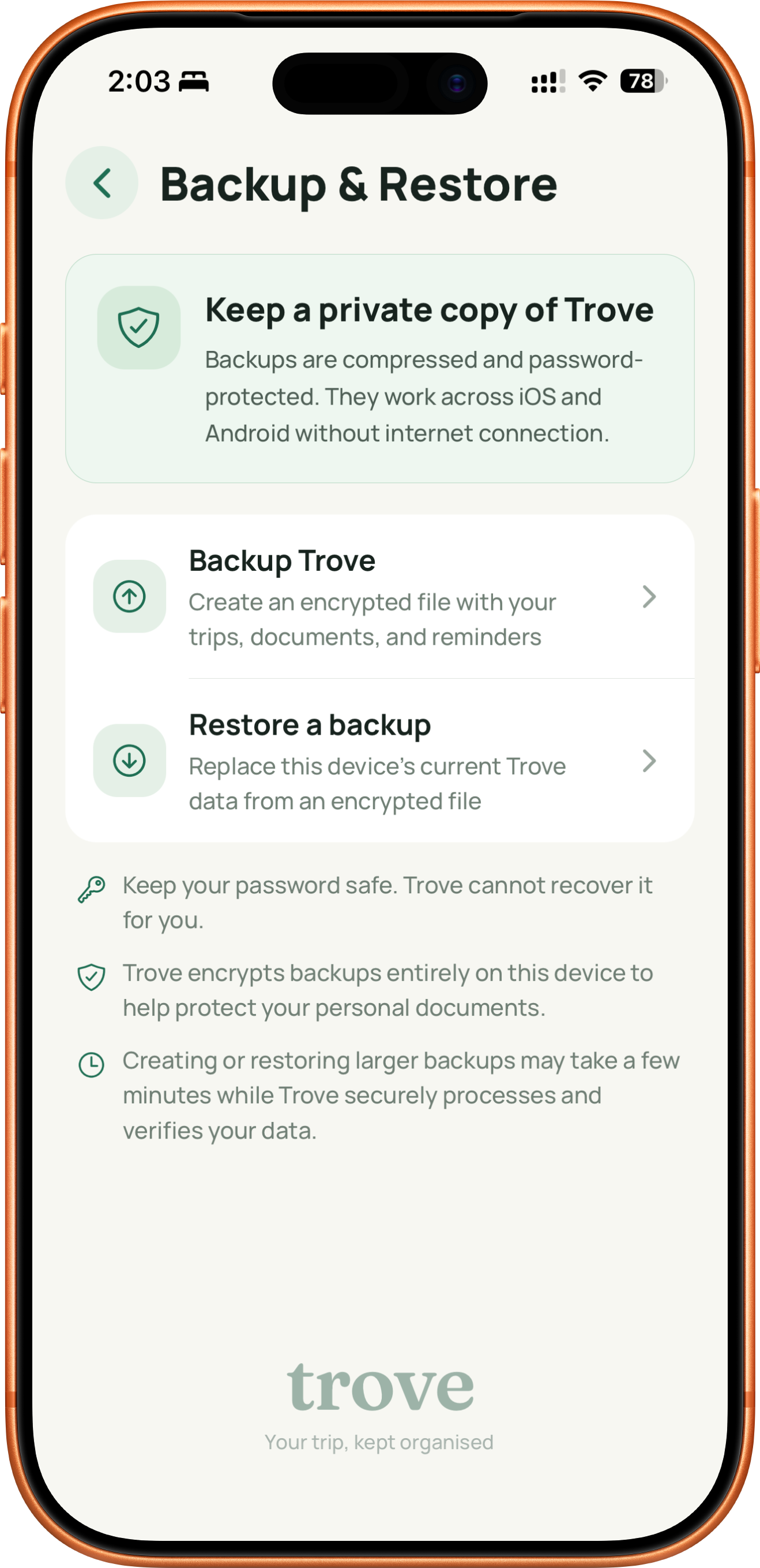 Backup and Restore screen explaining encrypted, compressed backups that work across iOS and Android without internet.