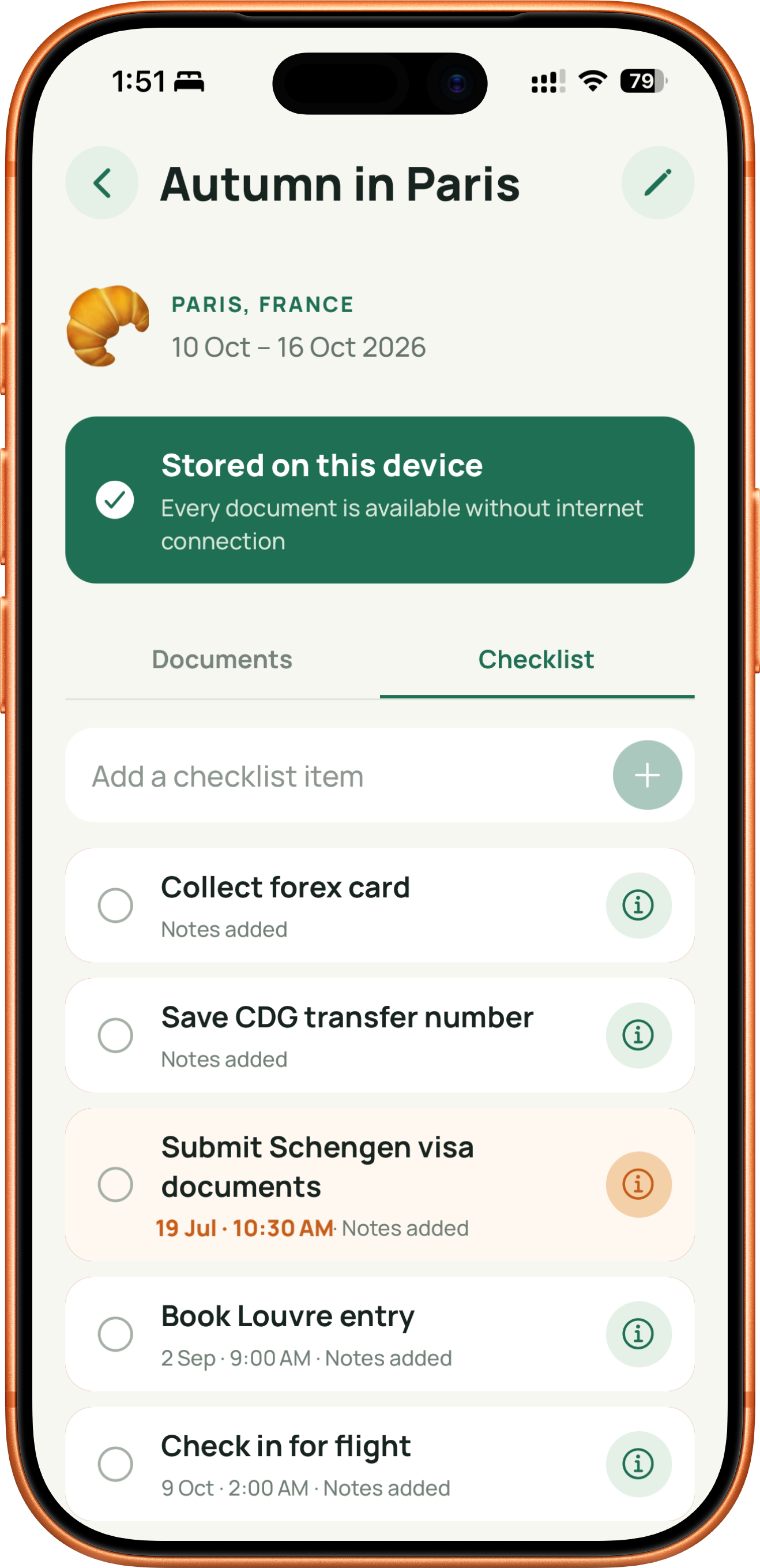 Trip checklist with preparation items, notes, dates, and overdue reminders.