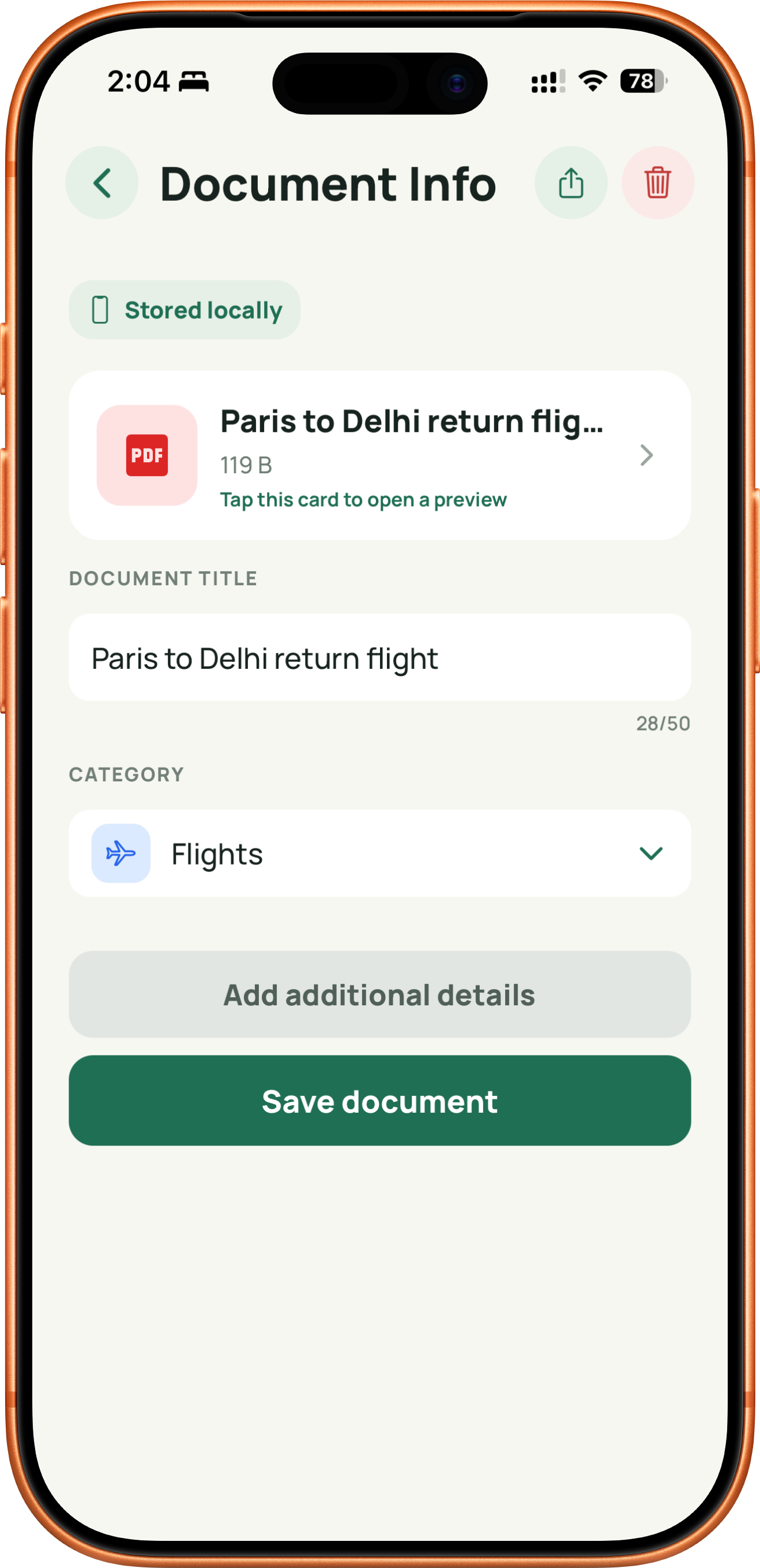 Document Info showing a locally stored flight document, editable title, category, and optional additional details.