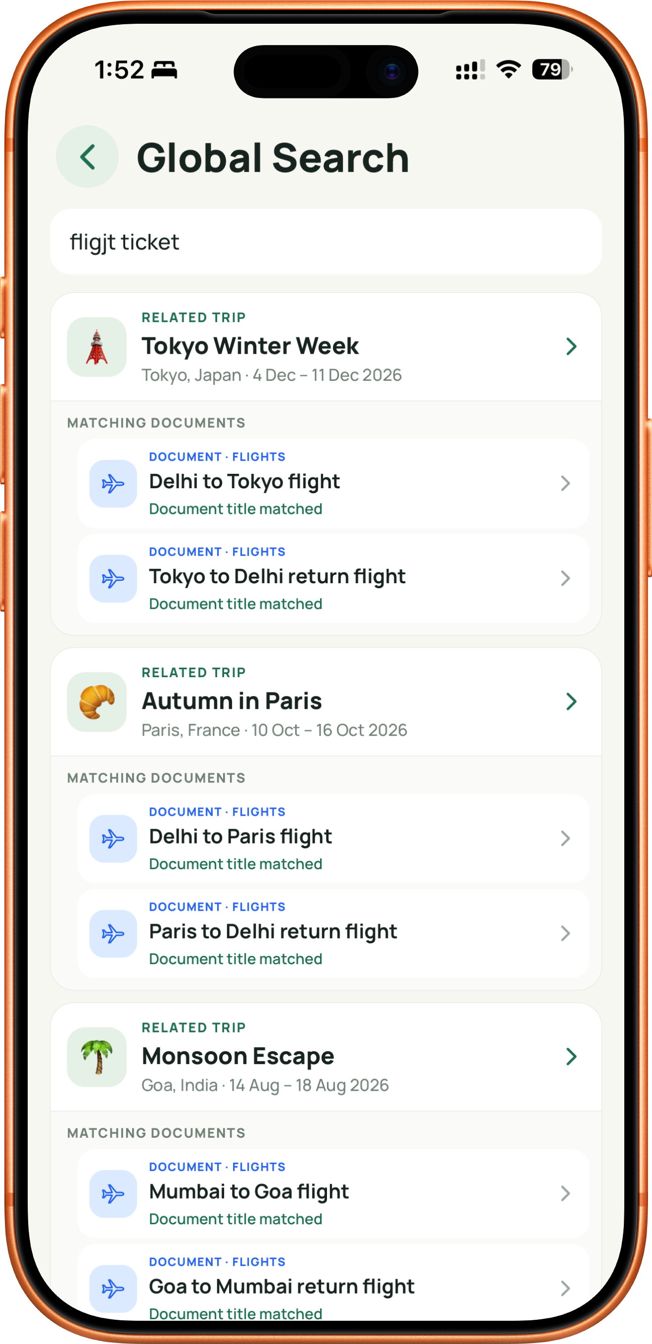 Global search returning flight tickets and their related trips for the misspelled query fligit tecket.
