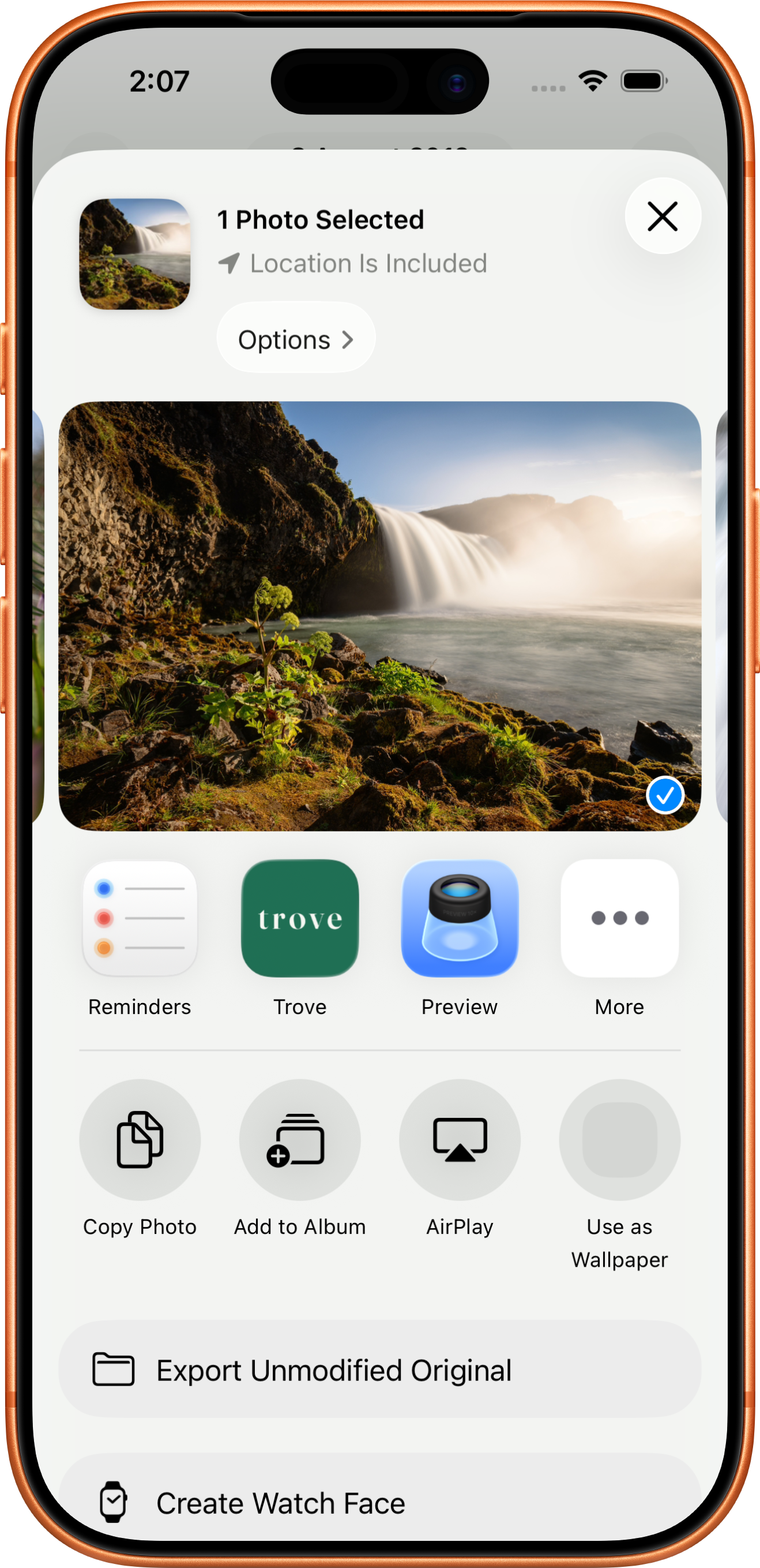 iOS Share Sheet with Trove available as a sharing destination.