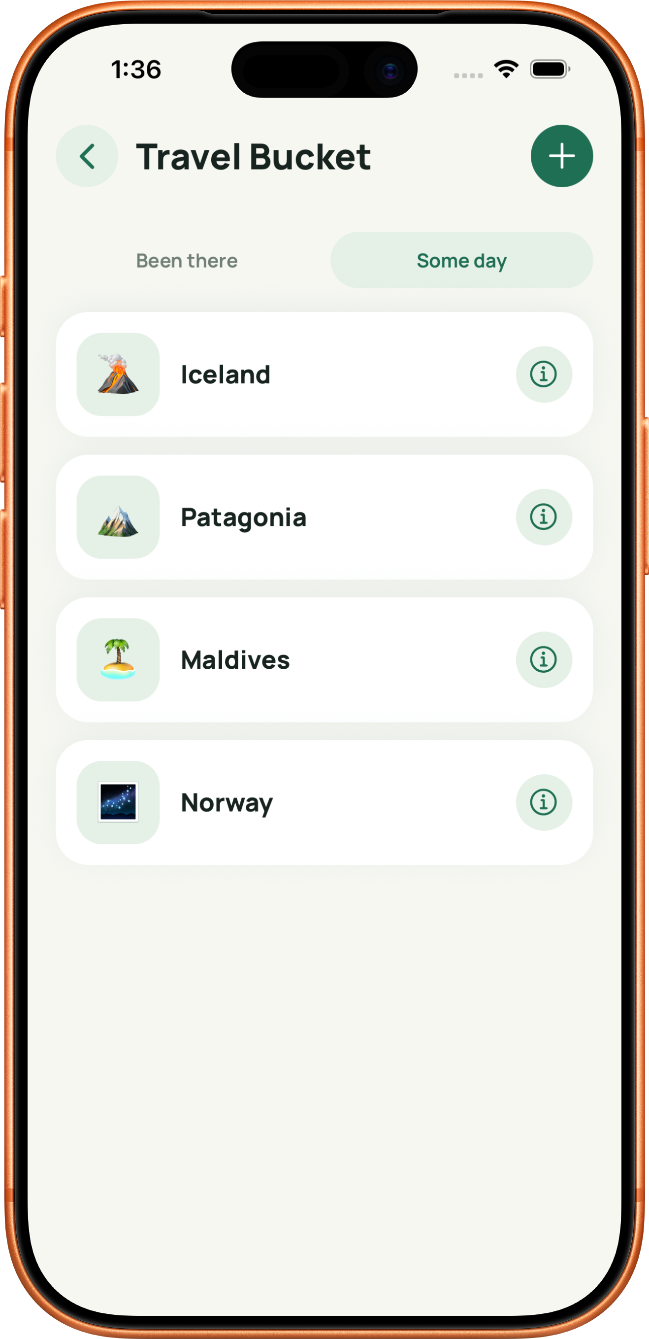 Travel Bucket Some day list with saved destinations.
