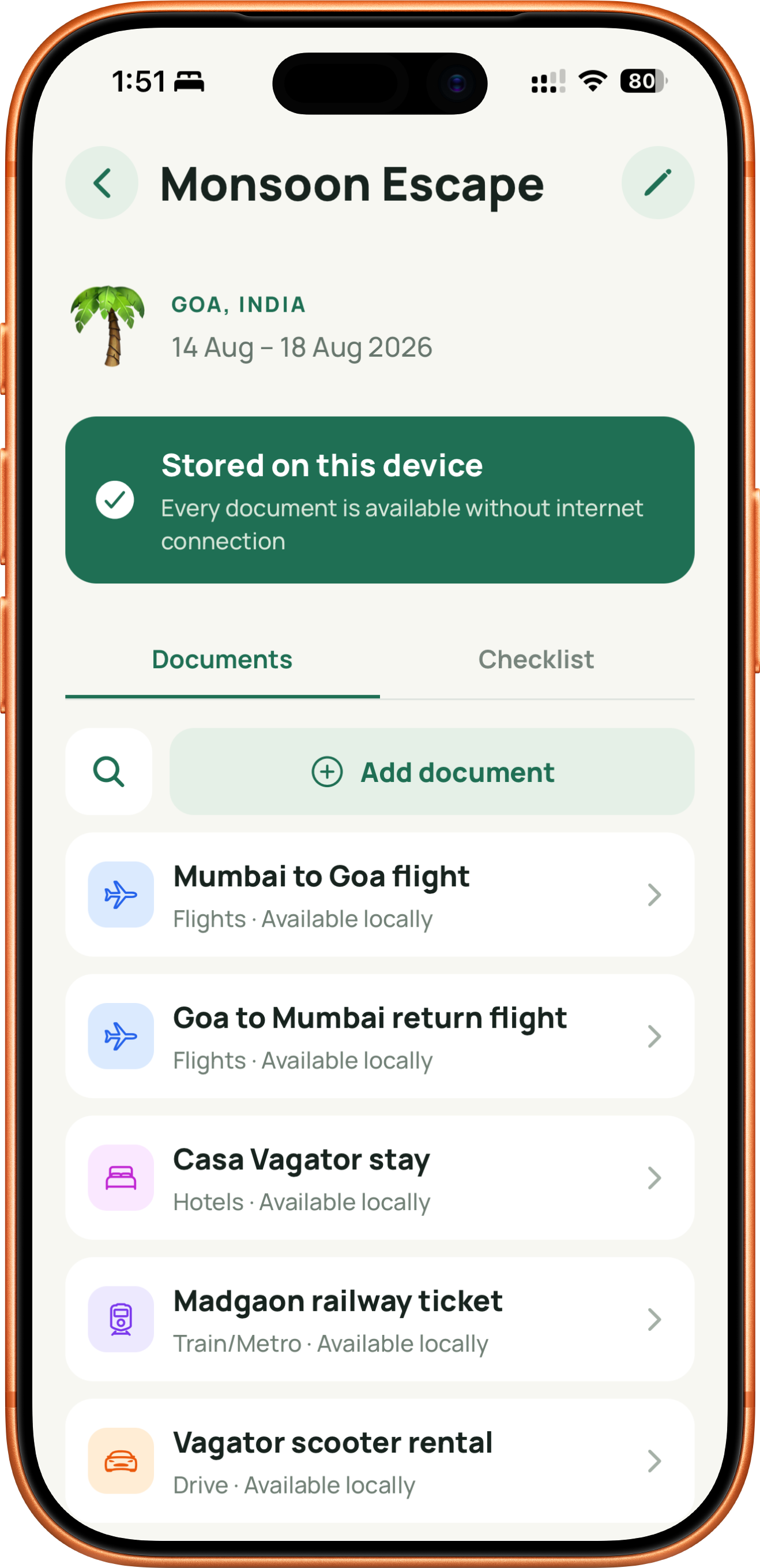 A trip's documents tab, including flight, hotel, train, and drive documents.