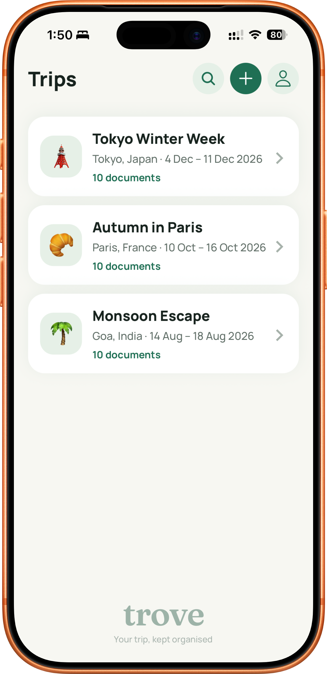 Trove's Trip List showing three upcoming trips and their document counts.
