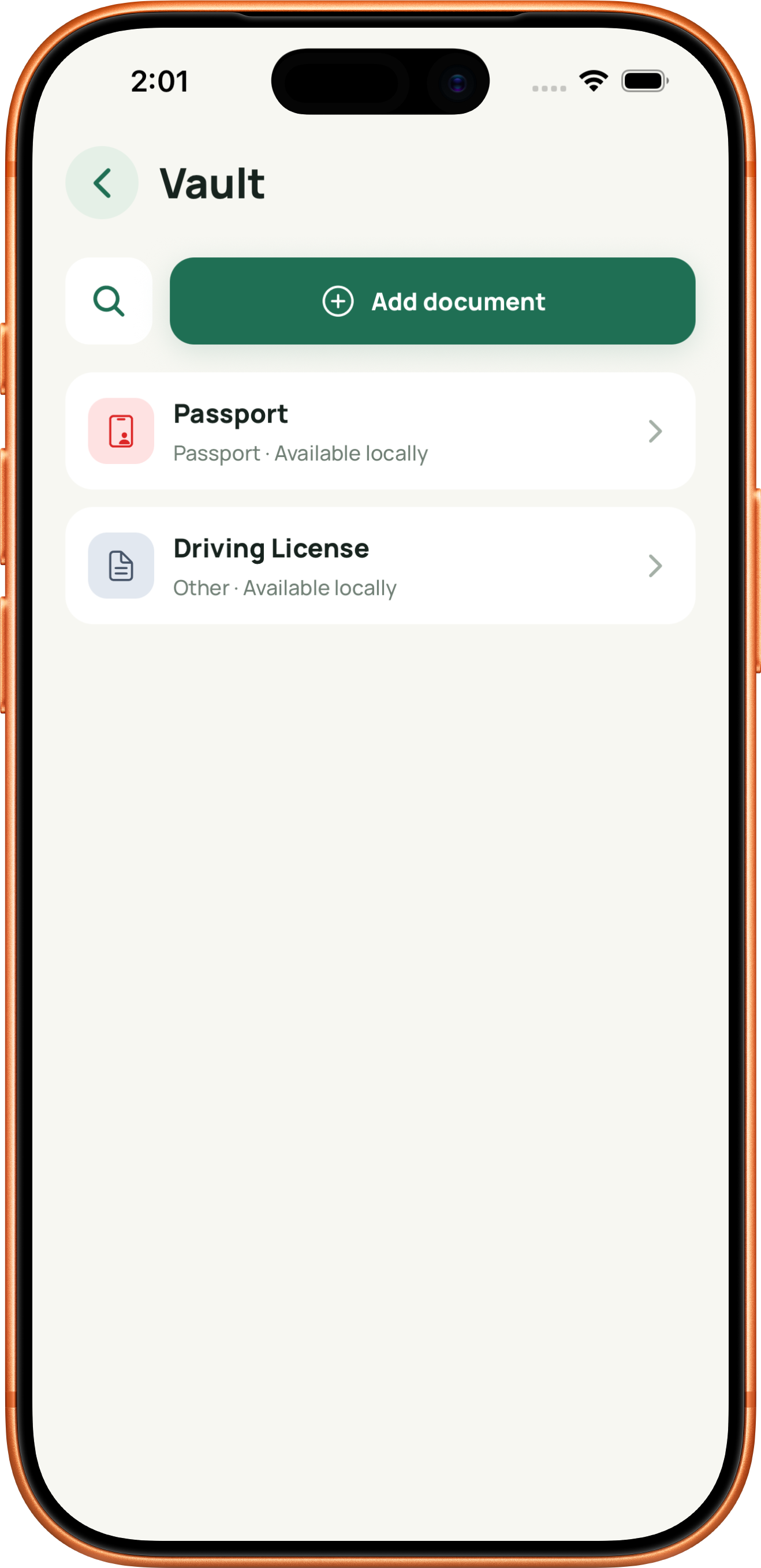 Trove Vault showing a passport and driving licence stored locally.